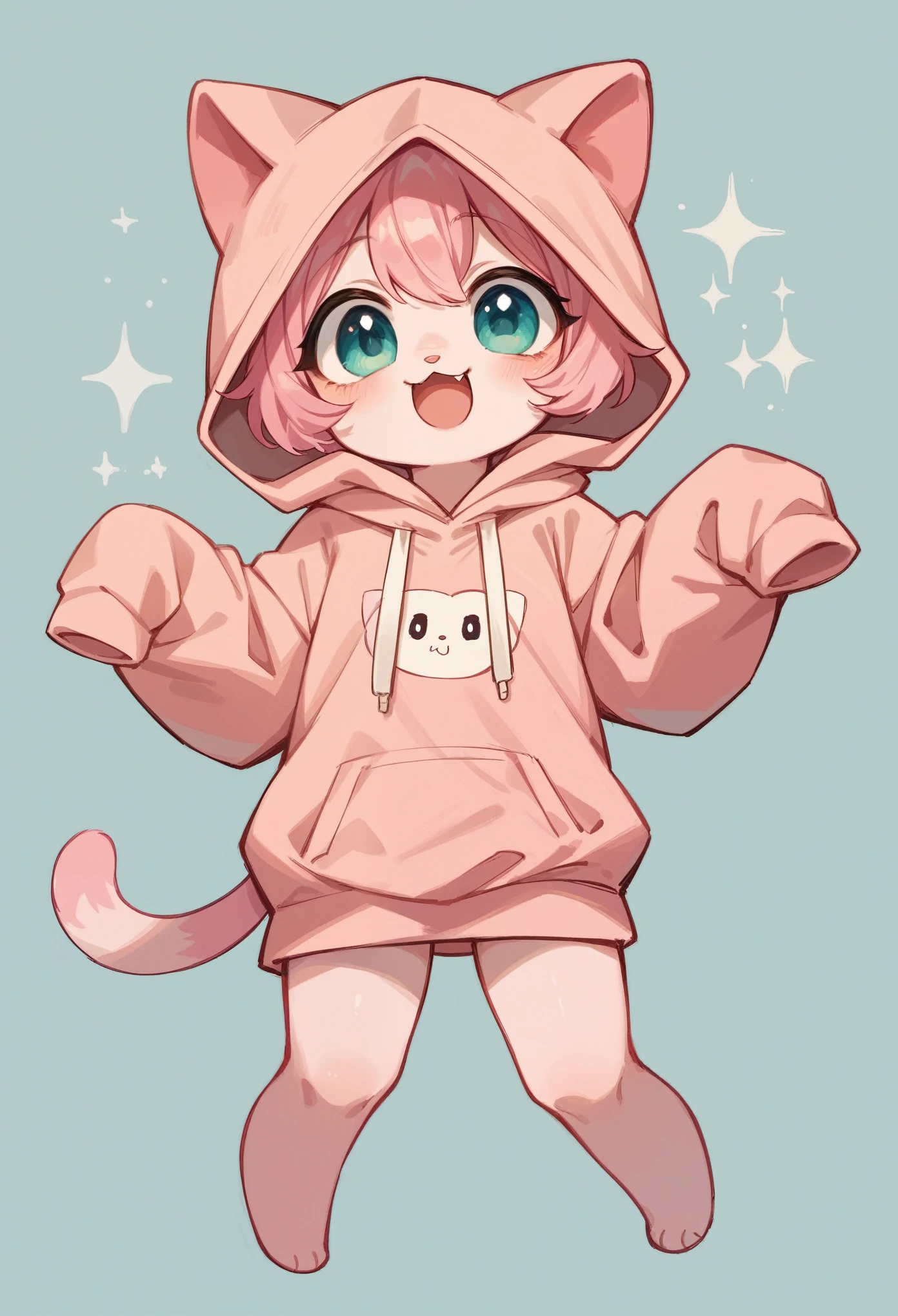 masterpiece,high quality,Cute fat pink kitten,vertical、In your stomach,View from the front、Stand on two legs、clean background,with a pink sweatshirt、wearing a hood