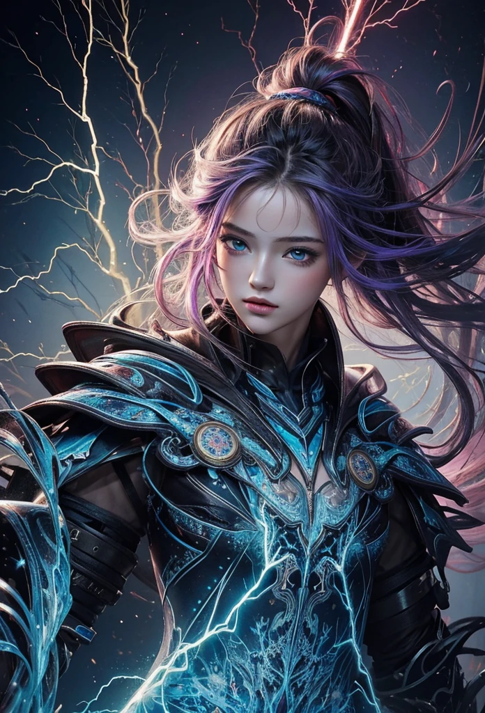 (masterpiece, Highest quality, Highest quality, Official Art, beautifully、aesthetic:1.2), (One girl), extreme detailed,(Abstract, Fractal Art:1.3),Colorful Hair,highest detailed, detailed_eye, thunder、Lightning, Light_particle,electricity