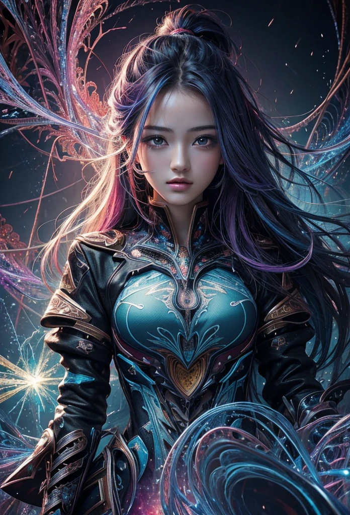 (masterpiece, Highest quality, Highest quality, Official Art, beautifully、aesthetic:1.2), (One girl), extreme detailed,(Abstract, Fractal Art:1.3),Colorful Hair,highest detailed, detailed_eye, thunder、Lightning, Light_particle,electricity