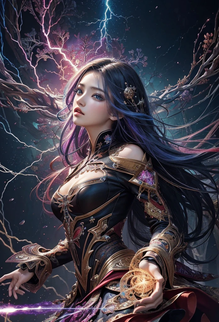 (masterpiece, Highest quality, Highest quality, Official Art, beautifully、aesthetic:1.2), (One girl), extreme detailed,(Abstract, Fractal Art:1.3),Colorful Hair,highest detailed, detailed_eye, thunder、Lightning, Light_particle,electricity