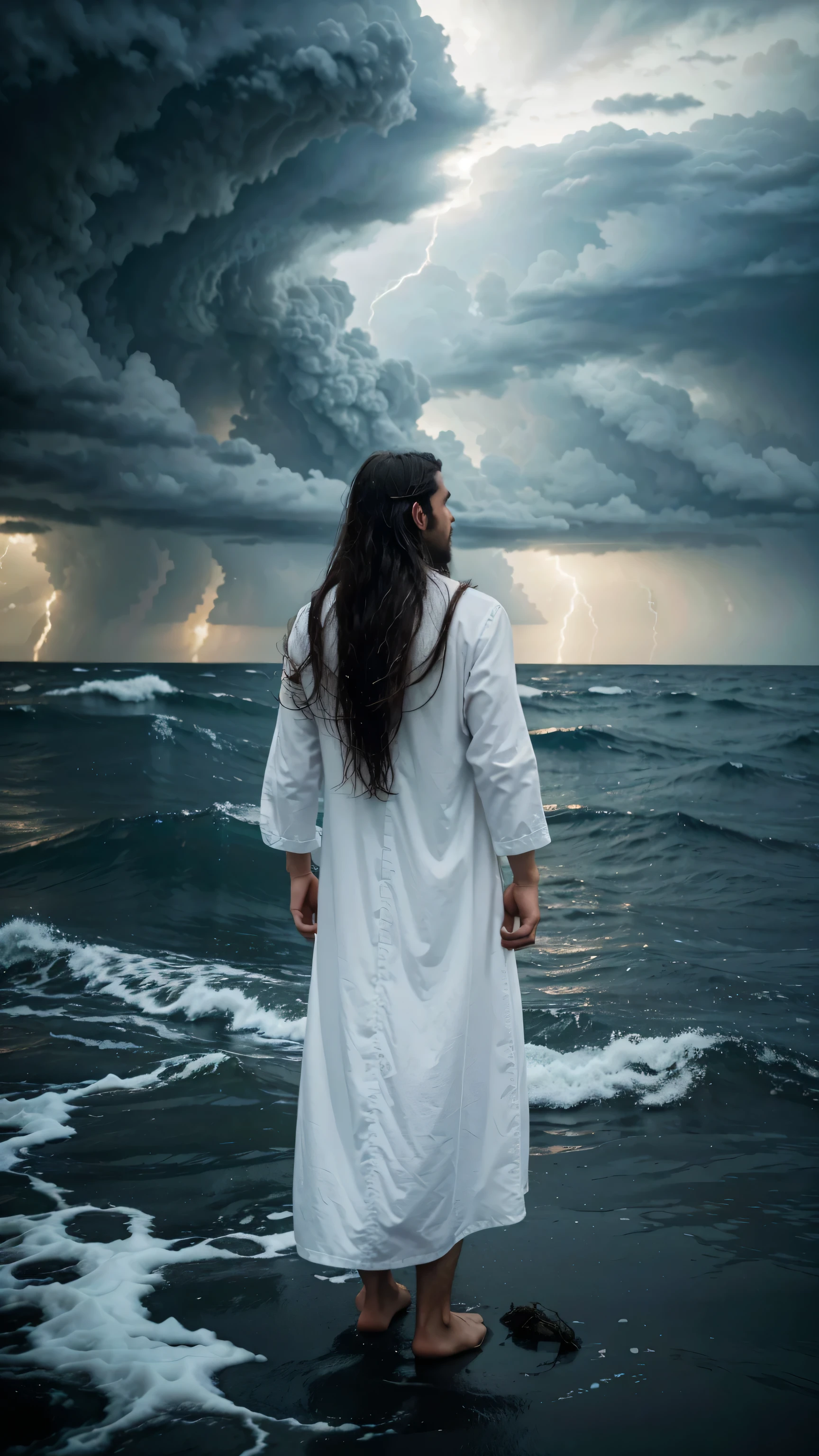 A pious man with long hair, dressed in white clothes, sits on the waters of the raging sea. Stormy dark cloudy sky. back view,back view,
Hyper-realistic photography, gentle soft natural lightning, real photo,Cinematic style,realistic environment,low contrast, 32k resolution , highly detailed, realistic dress. Ultrarealistic water, hills