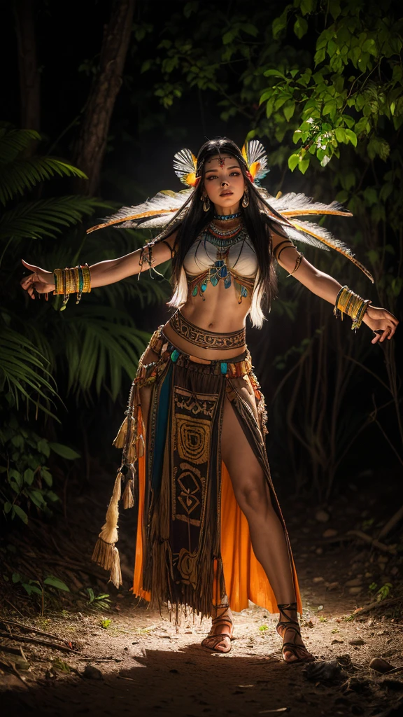 (best quality, 4K, 8k, High resolution, masterpiece: 1.2), extremely detail: 1.4 of an indigenous shaman dancing around a fire in the jungle at night. The Indigenous Shaman's movements are euphoric and her facial expression is also euphoric.Full body pose. Depict the body in great detail and realistically. Show face clearly. Sparks should fly in photography. Clothing of the indigenous shaman is a panther women's vest and a maxi long skirt made of crocodile leather and traditional jewelry. Woman has traditional war paint.