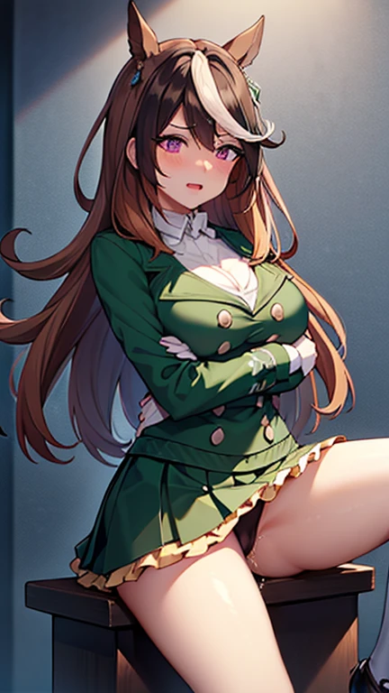 score_9, score_8_up, score_7_up, source_anime, masterpiece, best quality, perfect anatomy, very aesthetic, official art, 1girl, solo, cute face, curvy, medium breasts, dark brown hair, blush, earrings, black bra lifted on breasts, black panties around one leg, erect nipples, school toilet, toilet, spread legs, masturbation, breast grab, (pubic hair:0.7), orgasm, white pussy juice trail, sound effect,