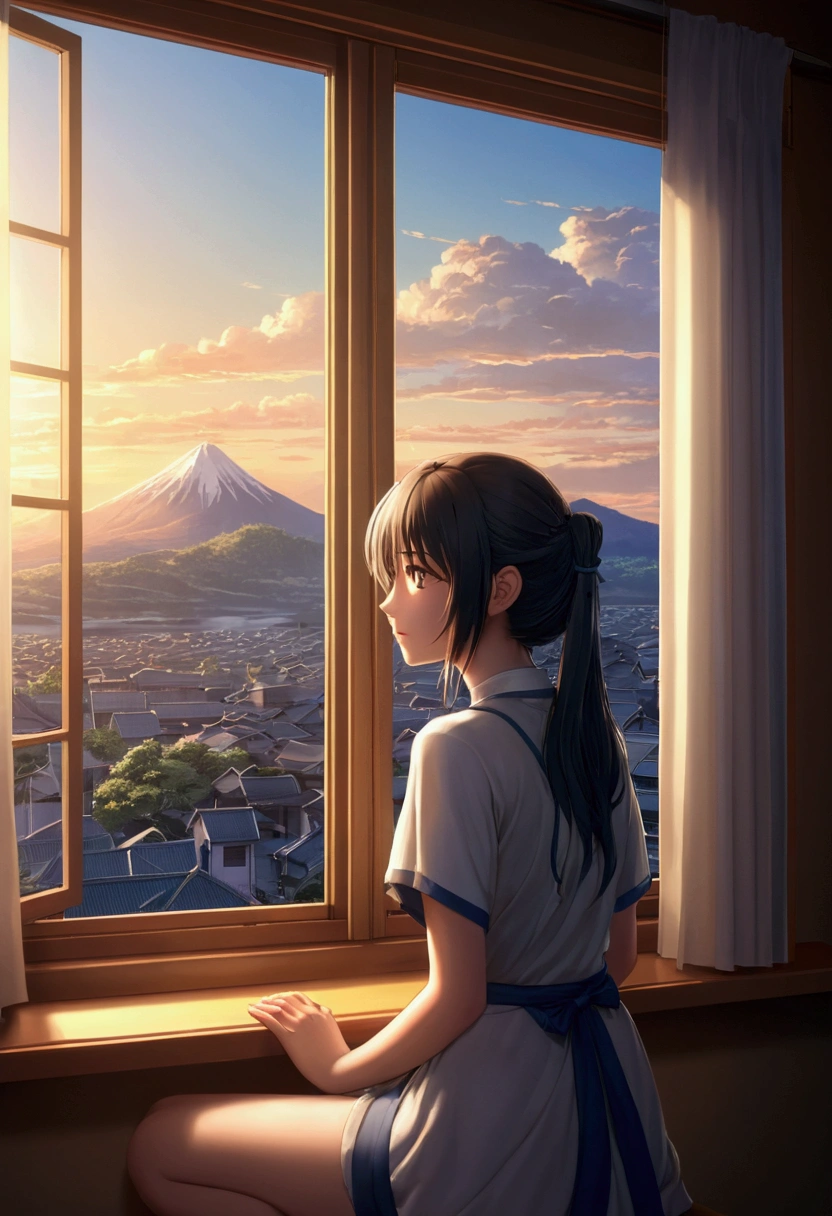 A lonely beautiful anime girl near window with aswome scenery