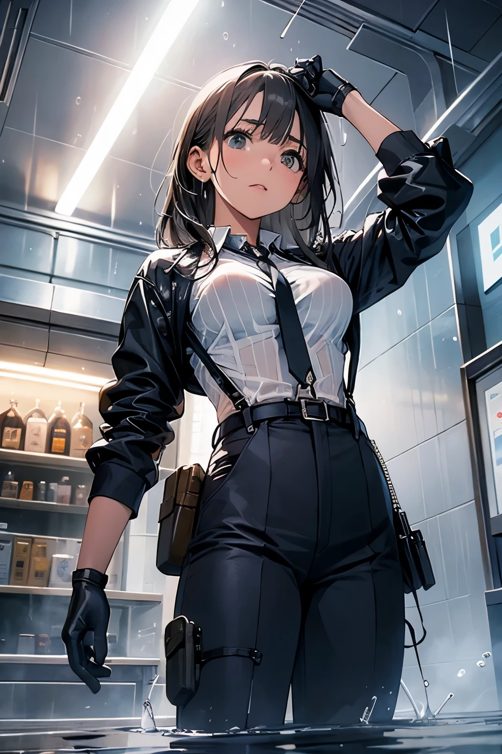 1 female, , high quality, masterpiece, Ultra-high resolution, , Cinema Lighting, , , And the suspenders with the cranes flying　　　Large Breasts　 　 　　　　Small face　 　　　holster　　　　　　　 Lying in bed　Looking up　　　　Sweat 　　　belt　summer　脇Sweat 　Black Hole Gloves　suit　shirt　　Black jacket　 Black trousers　Leg Links　ズボンにbelt　　holster　 　　Hands behind your back　 Anxious expression　Looking up　Anxious face, legs apart　Armament　Handgun　handcuffs　Cable ties　レッグholster　holster　See-through clothing　heavy rain　Getting wet in the rain