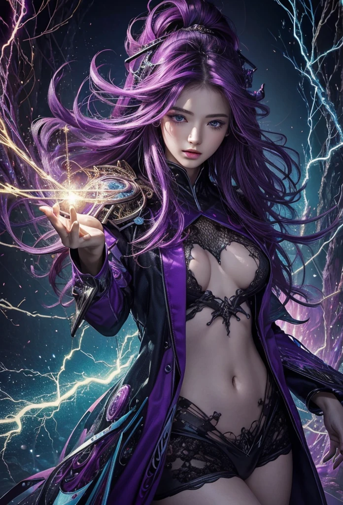 (masterpiece, Highest quality, Highest quality, Official Art, beautifully、aesthetic:1.2), (One girl), extreme detailed,(Abstract, Fractal Art:1.3),Colorful Hair,Purple Mesh、highest detailed, detailed_eye, thunder、Lightning, Light_particle,electricity、magic