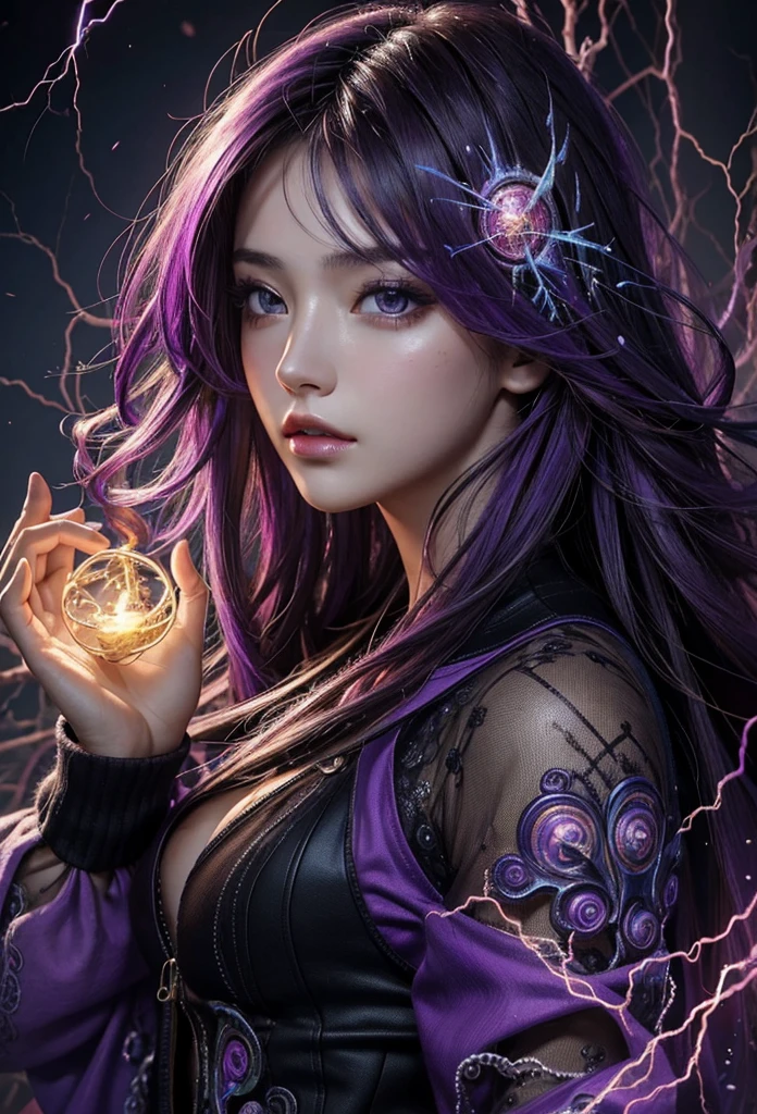 (masterpiece, Highest quality, Highest quality, Official Art, beautifully、aesthetic:1.2), (One girl), extreme detailed,(Abstract, Fractal Art:1.3),Colorful Hair,Purple Mesh、highest detailed, detailed_eye, thunder、Lightning, Light_particle,electricity、magic