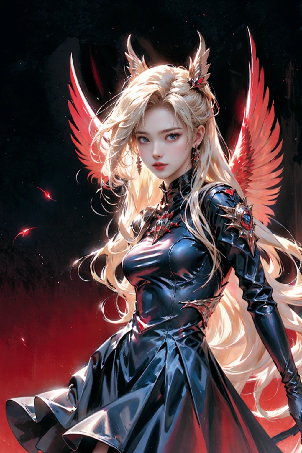 Ultra-detailed and gorgeous, gorgeous long blonde hair flows, a ferocious vampire woman standing with her wings spread in the night, elegant black and red dress, beautiful face, stylish, red eyes,
Cinema-like lighting, the female figure with a fantastical cold air and the contrast of bolder color schemes and elements give the work a fascinating narrative. Realism expressed in dark design colors, photorealistic, 8k, fantasy digital art, HDR, UHD.