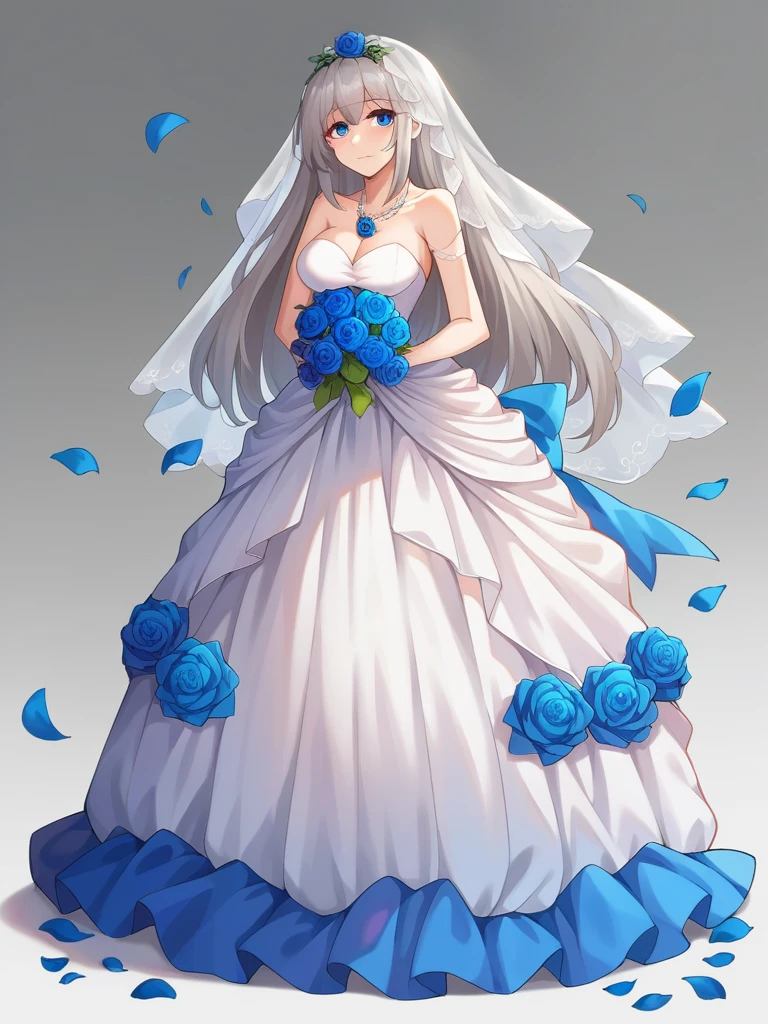 (((Best quality))),((Ultra-detailed)),((illustration)),((Disheveled hair)),((frilld)),(1 girl),(Solo),1girl,1girl,blue bow,blue eyes,blue flower,blue ribbon,blue rose,bouquet,breasts,dress,flower,gradient,gradient background,grey background,jewelry,long hair,necklace,petals,rose,solo,veil,wedding dress,white dress,lexington \(warship girls r\),gray hair,long dress,full body,