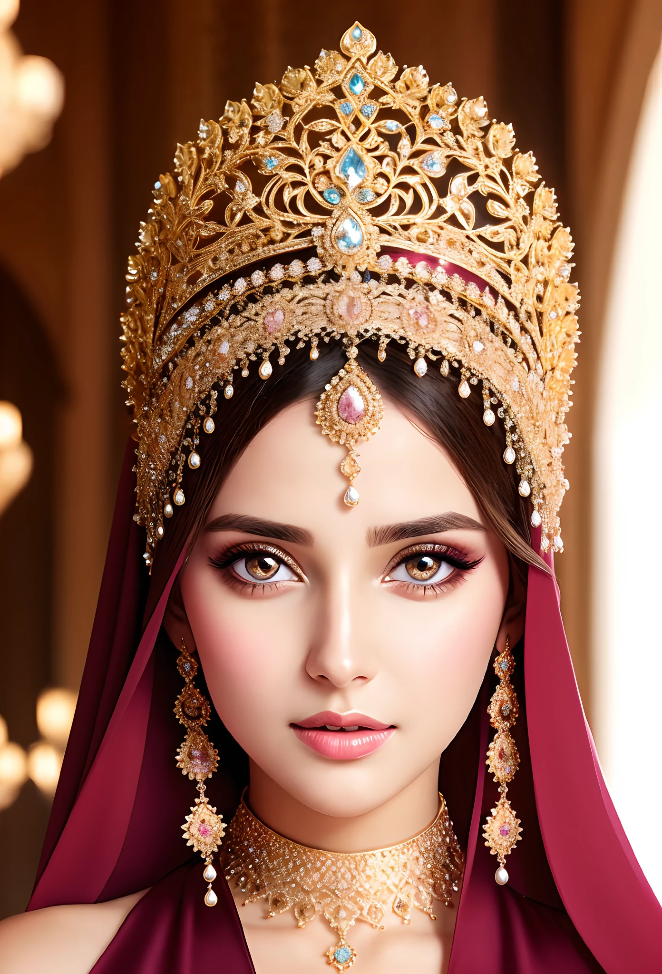 Very beautiful princess with jewelry shining eyes zoom photo sexy sexy face sexy eyes mouth bright eyes extremely realistic crystal eyes highly detailed wearing Islamic kaftan