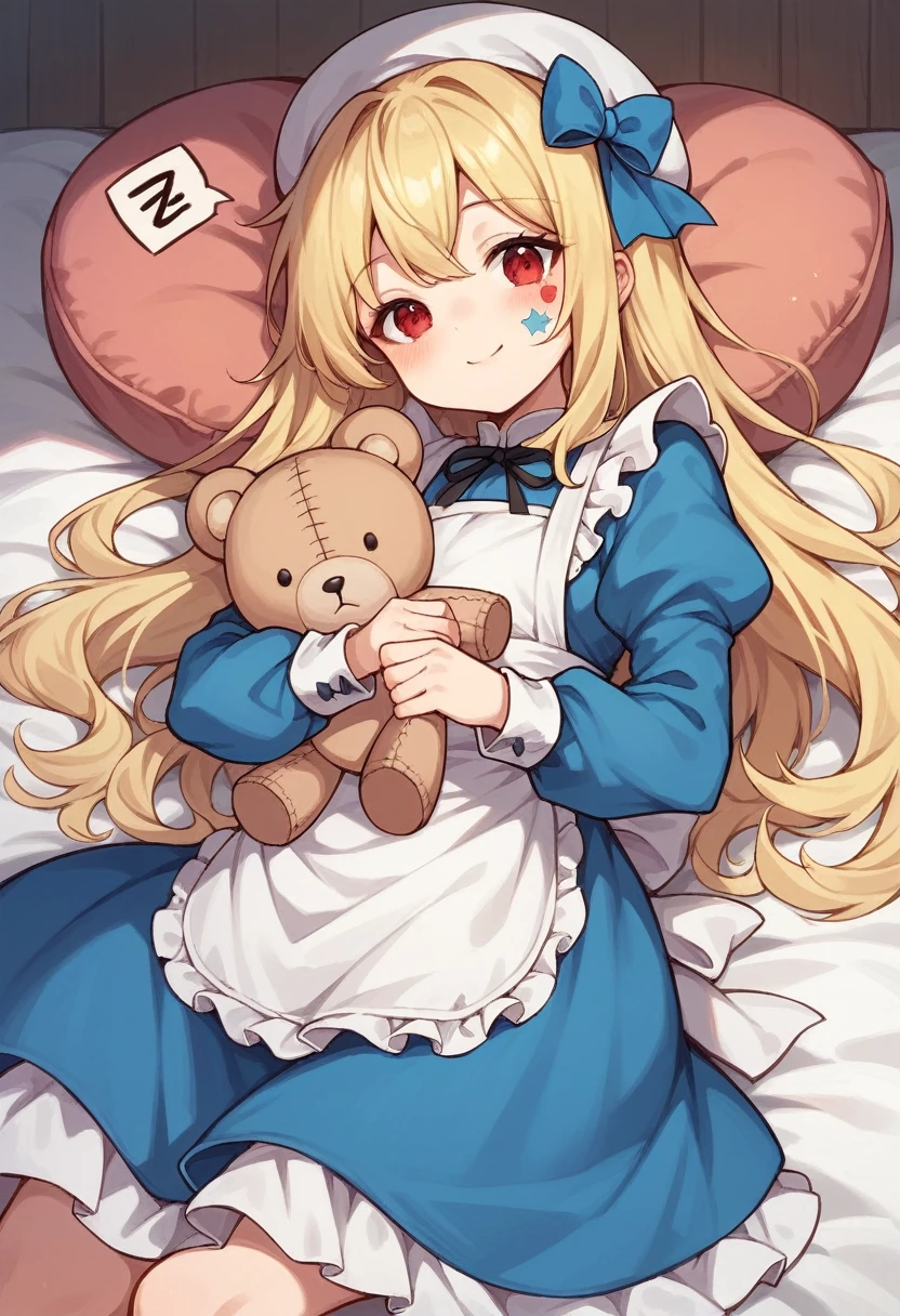 1girl, long hair, looking at viewer, blush, smile, multiple girls, blonde hair, red eyes, long sleeves, hat, dress, bow, holding, closed eyes, hair bow, puffy sleeves, apron, blue dress, facial mark, stuffed toy, sleeping, zzz