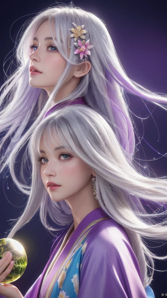 (masterpiece:1.3), (8k, photorealistic, raw photo, highest quality:1.4), (one girl), beautiful face, (realistic face), (long hair), (silver hair, near white hair, shiny hair, beautiful straight hair), (even bangs), (Sharp bangs), straight hairstyle, realistic eyes, beautiful detailed eyes (purple eyes), (sharp eyes), (realistic skin), beautiful skin, (kimono), (magician's kimono), (flower hair ornament), attractive, ultra high resolution, ultra realistic, highly detailed, golden ratio, colorful background, (flowers blooming), (energy dancing background), magician, facing forward, looking straight ahead, Facing forward, facing towards you, holding crystal ball, (heart crystal ball, love crystal ball).Anatomically correct, Highest quality, accurate, High resolution, Facing forward, 