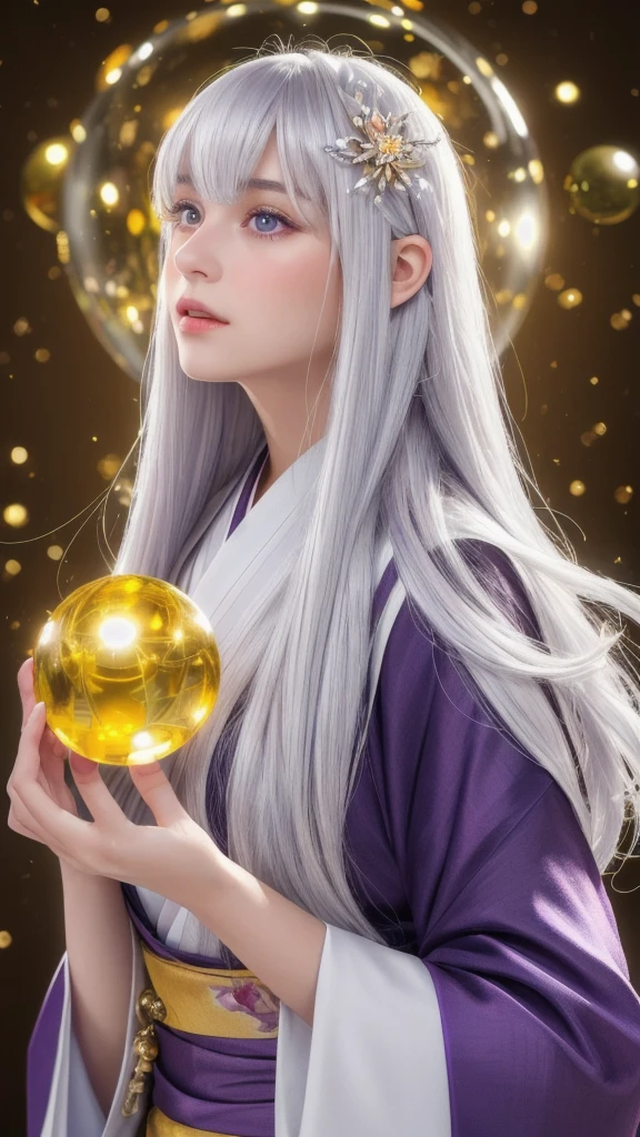 (masterpiece:1.3), (8k, photorealistic, raw photo, highest quality:1.4), (one girl), beautiful face, (realistic face), (long hair), (silver hair, near white hair, shiny hair, beautiful straight hair), (even bangs), (Sharp bangs), straight hairstyle, realistic eyes, beautiful detailed eyes (purple eyes), (sharp eyes), (realistic skin), beautiful skin, (kimono), (magician's kimono), (flower hair ornament), attractive, ultra high resolution, ultra realistic, highly detailed, golden ratio, colorful background, (flowers blooming), (energy dancing background), magician, facing forward, looking straight ahead, Facing forward, facing towards you, holding crystal ball, (heart crystal ball, love crystal ball).Anatomically correct, Highest quality, accurate, High resolution, Facing forward, 