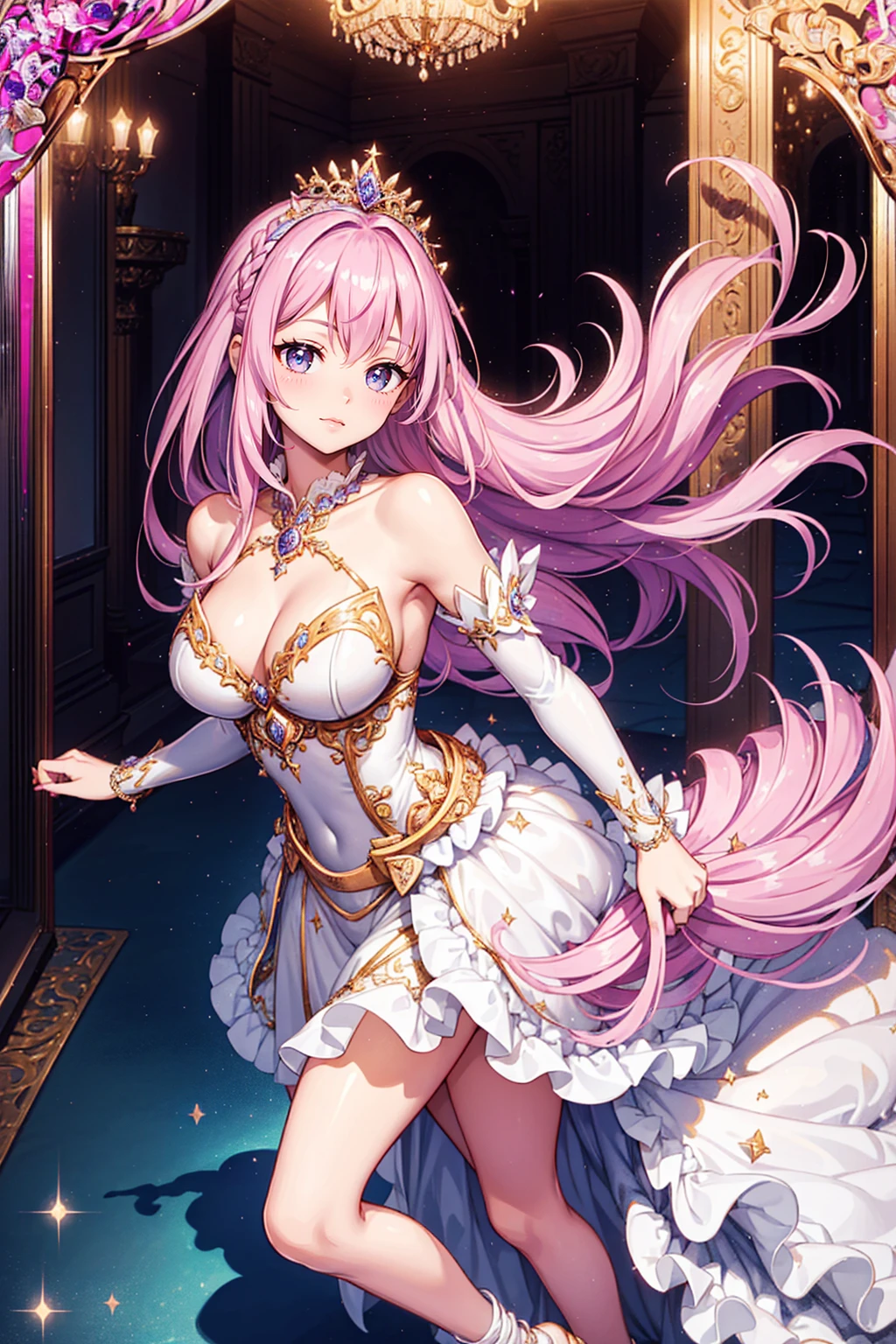 age girl,sacred,Solo person,Enchanted,((pink hair,purple eyes)),Have fun,in love,Yellow and white princess dress,silver crown,Clothes with intricate details,(decorated with diamonds),royal writings,swimming costume,inside the room,(shine:1.2), (best quality), (Masterpiece:1.2),Beautifully detailed face