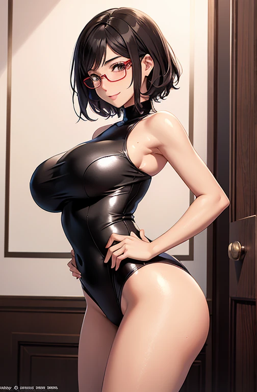 masterpiece, best quality, best lighting, shadows, portrait, perfect anatomy, bitchy, 1 girl, adult anime girl, 21 years old, 1 girl, (Slim body:1.2), (Huge breasts:1.1), Black hair, Short hair, Black eyes, Competitive swimsuit, Red-rimmed glasses, Angle from below, embarrassed, seductive eyes, blushing, flirty, pretty smile, huge ass, breast, thighs, seductive, spicy, hot, flirty, wet, nsfw,