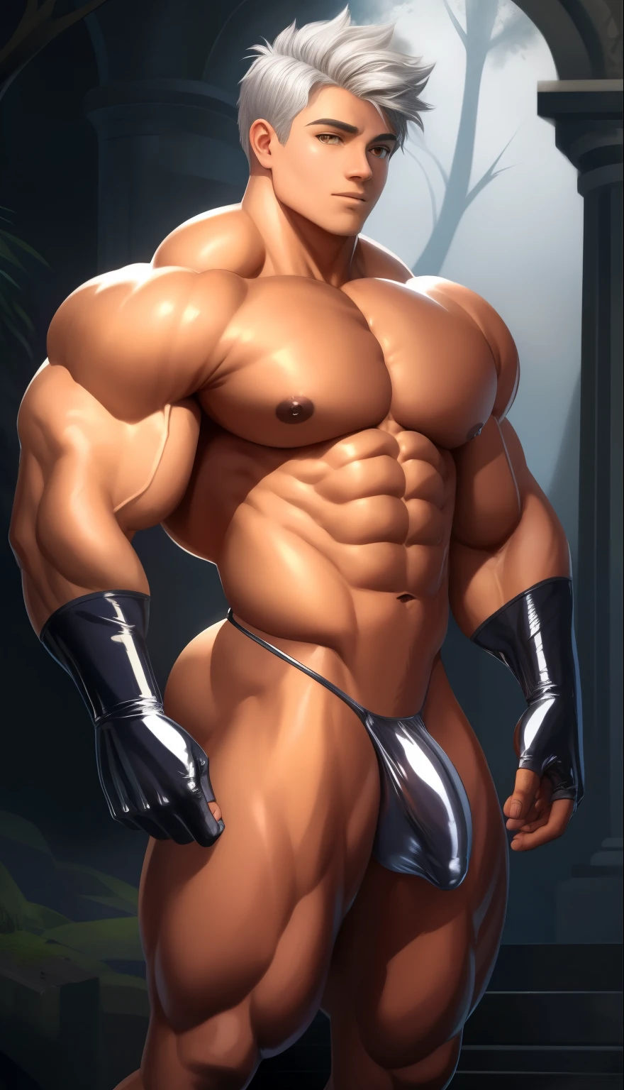 A  ( face) 15 year old teen (15 yearsttractive boy, standing, full body. Mexican ethnicity. Brown skin, (dark skin) silver white hair, short hair bangs that fall on both sides of his youthful face. carefree expression, young man, alone, marked muscles, beautiful musculature, aesthetic stretch marks, inspiring physique, slender muscles, square pecs, beautiful V-cone, excellent abs and torso, chiseled abs, pectorals chiseled, perfect massive muscles, inflated muscles, voluminous pectorals, massive muscular body, a huge gigantic chest with a narrow waist, huge shoulders, ridiculously well-shaped large pecs, eight chiseled abs, (very toned and huge) with his military haircut and voluminous neck, narrow waist, golden eyes, young face, beautiful, young. Teen muscular young builder with extraordinary and firm back, chiseled muscles, rhomboid muscles, latissimus dorsi. Gigachad. He wears Silver gloves on his hands, and Silver boots. Silver thong (((Silver latex thong))) big bulge in the crotch. Ruins of temple with forest background. standing, full body. (((Back))) huge firm muscular thighs, round buttocks and round butt with back, huge ass ((firm buttocks)) with big booty. (((Silver latex thong))) (((Silver gloves))) (((Silver boots))).