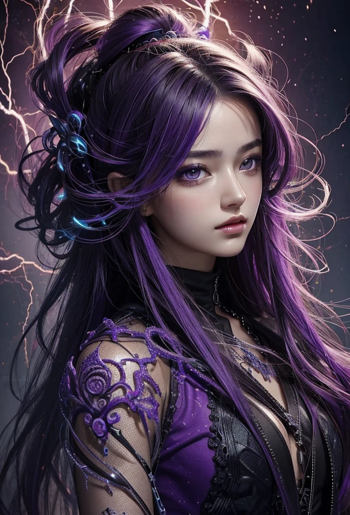 (masterpiece, Highest quality, Highest quality, Official Art, beautifully、aesthetic:1.2), (One girl), extreme detailed,(Abstract, Fractal Art:1.3),Colorful Hair,Purple Mesh、highest detailed, detailed_eye, thunder、Lightning, Light_particle,electricity、magic