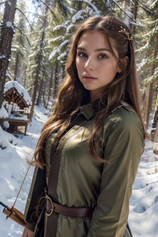 A young beautiful girl with golden hair dressed as a huntress, shooting a bow in a snowy forest, knocking down a pinecone from a cedar tree, fairy tale, fantasy, 1girl, detailed face, detailed eyes, detailed lips, detailed expression, pristine snow, dense forest, sunlight shafts, cinematic lighting, dramatic shadows, jewel-toned colors, fantasy art style, highly detailed, 8k, hyper realistic, photorealistic, masterpiece