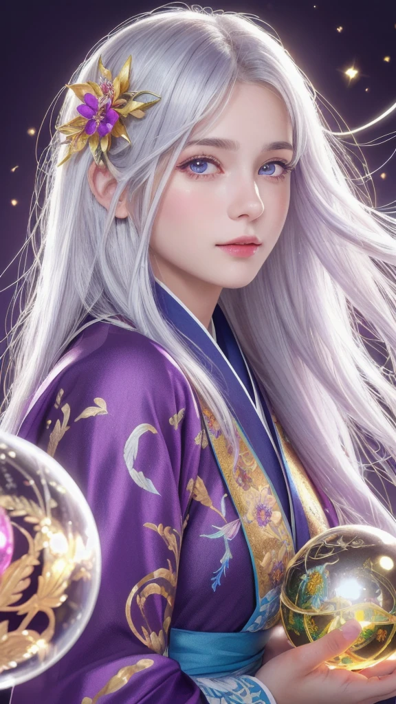 (masterpiece:1.3), (8k, photorealistic, raw photo, highest quality:1.4), (one girl), beautiful face, (realistic face), (long hair), (silver hair, near white hair, shiny hair, beautiful straight hair), (even bangs), (Sharp bangs), straight hairstyle, realistic eyes, beautiful detailed eyes (purple eyes), (sharp eyes), (realistic skin), beautiful skin, (kimono), (magician's kimono), (flower hair ornament), attractive, ultra high resolution, ultra realistic, highly detailed, golden ratio, colorful background, (flowers blooming), (energy dancing background), magician, facing forward, looking straight ahead, Facing forward, facing towards you, holding crystal ball, (heart crystal ball, love crystal ball).Anatomically correct, Highest quality, accurate, High resolution, Facing forward, 