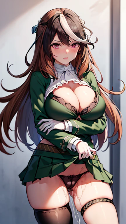 score_9, score_8_up, score_7_up, source_anime, masterpiece, best quality, perfect anatomy, very aesthetic, official art, 1girl, solo, cute face, curvy, medium breasts, dark brown hair, blush, earrings, ((((black bra lifted on breasts)))), (((((black panties around one leg))))), erect nipples, school toilet, toilet, spread legs, masturbation, breast grab, (pubic hair:0.7), orgasm, (((((white pussy juice trail))))), sound effect,