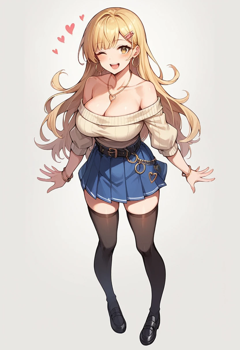 1girl, solo, long hair, breasts, looking at viewer, blush, smile, open mouth, bangs, skirt, blonde hair, large breasts, simple background, hair ornament, thighhighs, white background, cleavage, bare shoulders, brown eyes, jewelry, standing, collarbone, full body, yellow eyes, heart, pleated skirt, earrings, one eye closed, shoes, hairclip, belt, black thighhighs, necklace, off shoulder, black footwear, bracelet, sweater, blue skirt, ;d, hoop earrings