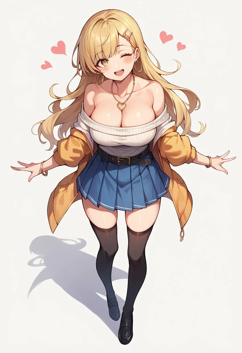 1girl, solo, long hair, breasts, looking at viewer, blush, smile, open mouth, bangs, skirt, blonde hair, large breasts, simple background, hair ornament, thighhighs, white background, cleavage, bare shoulders, brown eyes, jewelry, standing, collarbone, full body, yellow eyes, heart, pleated skirt, earrings, one eye closed, shoes, hairclip, belt, black thighhighs, necklace, off shoulder, black footwear, bracelet, sweater, blue skirt, ;d, hoop earrings