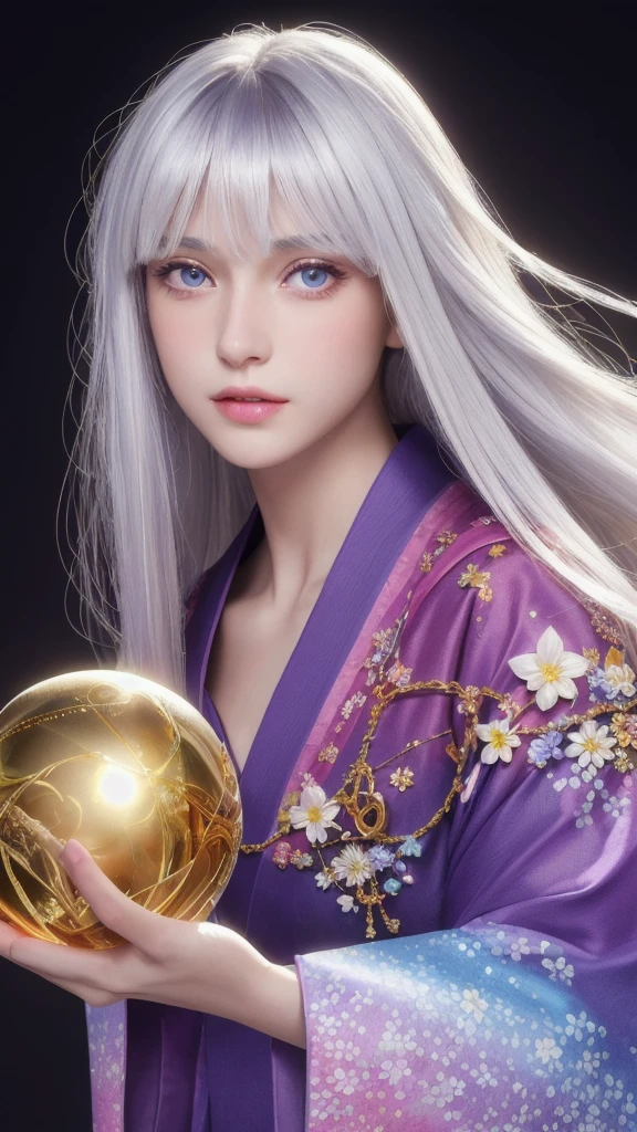 (masterpiece:1.3), (8k, photorealistic, raw photo, highest quality:1.4), (one girl), beautiful face, (realistic face), (long hair), (silver hair, near white hair, shiny hair, beautiful straight hair), (even bangs), (Sharp bangs), straight hairstyle, realistic eyes, beautiful detailed eyes (purple eyes), (sharp eyes), (realistic skin), beautiful skin, (kimono), (magician's kimono), (flower hair ornament), attractive, ultra high resolution, ultra realistic, highly detailed, golden ratio, colorful background, (flowers blooming), (energy dancing background), magician, facing forward, looking straight ahead, Facing forward, facing towards you, holding crystal ball, (heart crystal ball, love crystal ball).Anatomically correct, Highest quality, accurate, High resolution, Facing forward,