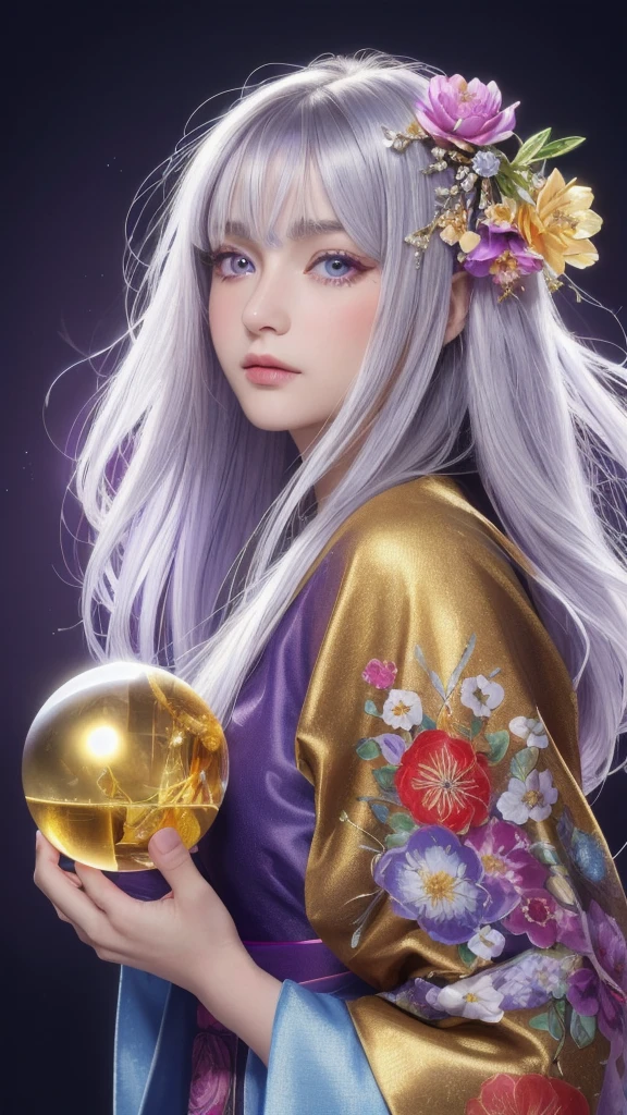 (masterpiece:1.3), (8k, photorealistic, raw photo, highest quality:1.4), (one girl), beautiful face, (realistic face), (long hair), (silver hair, near white hair, shiny hair, beautiful straight hair), (even bangs), (Sharp bangs), straight hairstyle, realistic eyes, beautiful detailed eyes (purple eyes), (sharp eyes), (realistic skin), beautiful skin, (kimono), (magician's kimono), (flower hair ornament), attractive, ultra high resolution, ultra realistic, highly detailed, golden ratio, colorful background, (flowers blooming), (energy dancing background), magician, facing forward, looking straight ahead, Facing forward, facing towards you, holding crystal ball, (heart crystal ball, love crystal ball).Anatomically correct, Highest quality, accurate, High resolution, Facing forward,