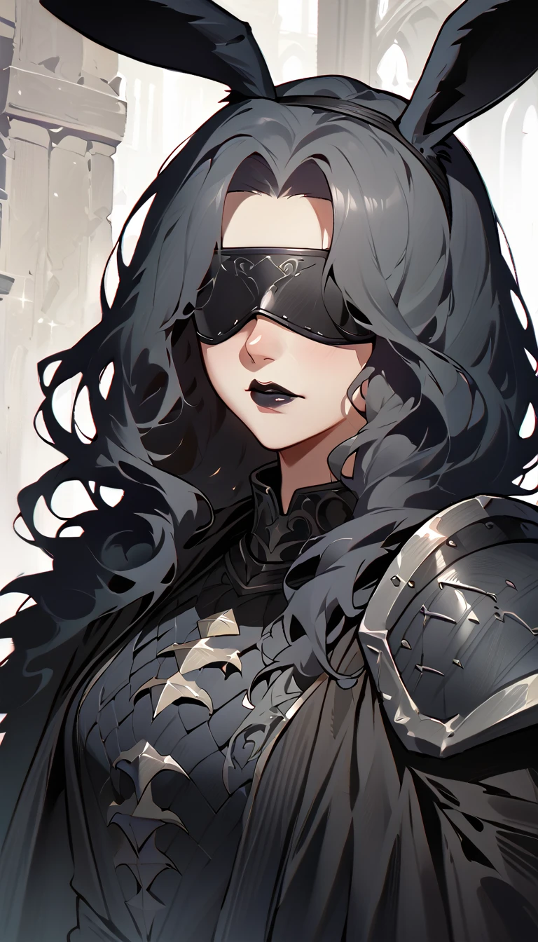 (high quality, 8k, 4K, high contrast, artwork:1.2, high quality, best aesthetics), (centered), ((1 woman)), mature body, super detailed, beautiful face detailed, detailed beautiful mouth, (long wavy black hair), (both eyes blindfolded), (blindfolded), (black blindfold), (serious expression), (black lipstick), (front view), (standing), (black medieval armor), (shoulder pads), (long black cape), (black bunny ears), (medieval knight)