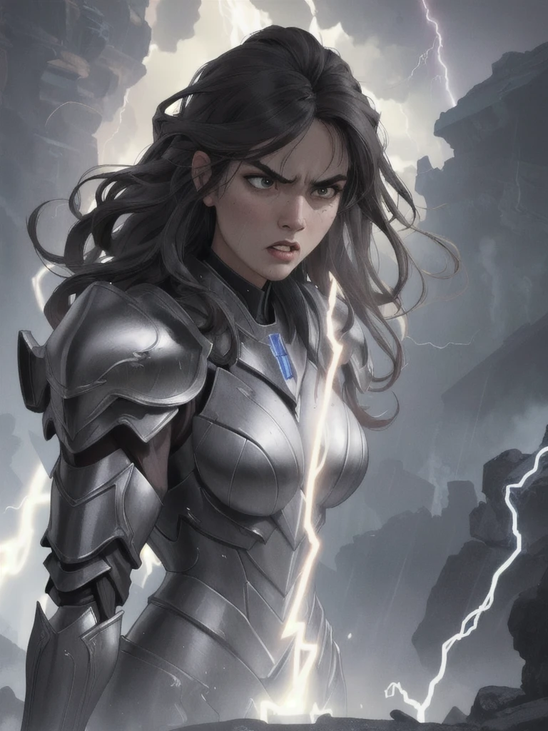 Masterpiece, best quality, nitid, ultra detailed, woman's face with lightning and thunder, anger, wrath, supreme god, smooth black armor