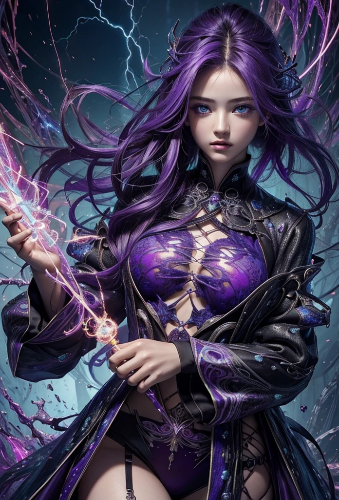 (masterpiece, Highest quality, Highest quality, Official Art, beautifully、aesthetic:1.2), (One girl), extreme detailed,(Abstract, Fractal Art:1.3),Colorful Hair,Purple Mesh、highest detailed, detailed_eye, thunder、Lightning, Light_particle,electricity、Wizard