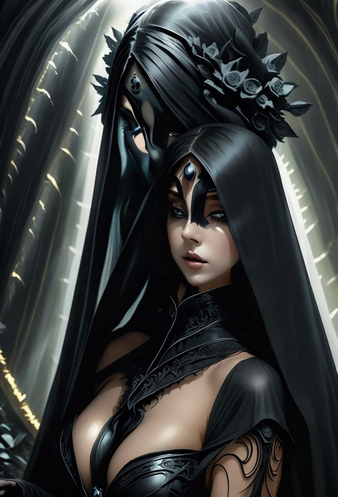 She wears a black chiffon dress that flows like a waterfall., with shadows and lights that seem to move independently. The effect is as if I were surrounded by a perpetually changing aura., that adapts and transforms with each movement.