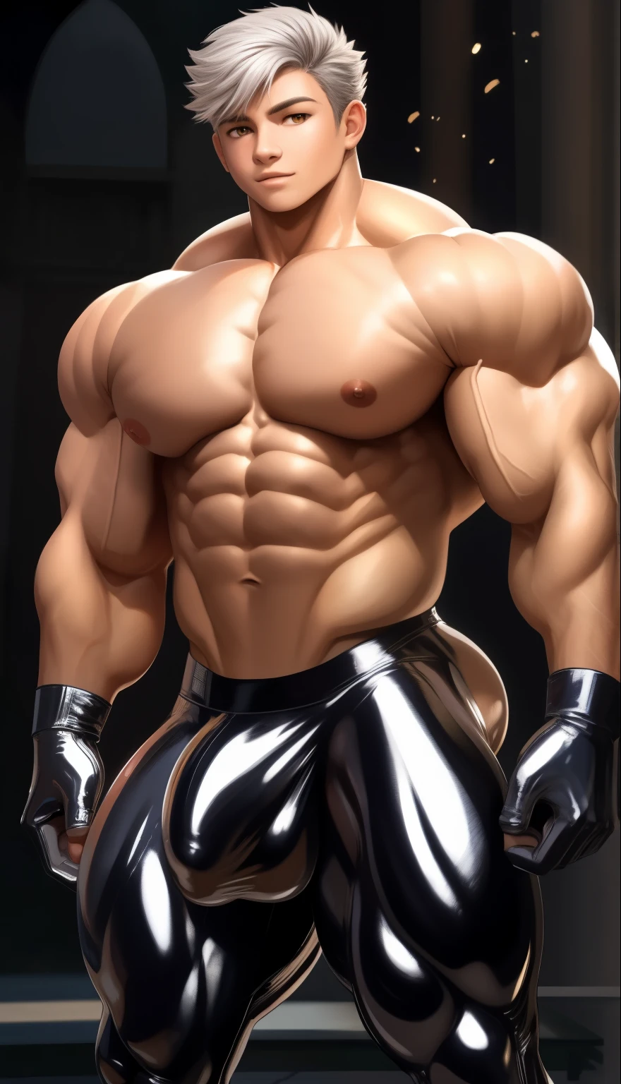 A ( face) 15 year old teen (15 yearsttractive boy, standing, full body. Mexican ethnicity. Brown skin, (dark skin) silver white hair, short hair bangs that fall on both sides of his youthful face. carefree expression, young man, alone, marked muscles, beautiful musculature, aesthetic stretch marks, inspiring physique, slender muscles, square pecs, beautiful V-cone, excellent abs and torso, chiseled abs, pectorals chiseled, perfect massive muscles, inflated muscles, voluminous pectorals, massive muscular body, a huge gigantic chest with a narrow waist, huge shoulders, ridiculously well-shaped large pecs, eight chiseled abs, (very toned and huge) with his military haircut and voluminous neck, narrow waist, golden eyes, young face, beautiful, young. Teen muscular young builder with extraordinary and firm back, chiseled muscles, rhomboid muscles, latissimus dorsi. Gigachad. He wears Silver gloves on his hands, and Silver boots. Silver thong (((Silver latex pants))) big bulge in the crotch. Ruins of temple with forest background. standing, full body. (((Back))) huge firm muscular thighs, round buttocks and round butt with back, huge ass ((firm buttocks)) with big booty. (((Silver latex pants))) (((Silver gloves))) (((Silver boots))).
