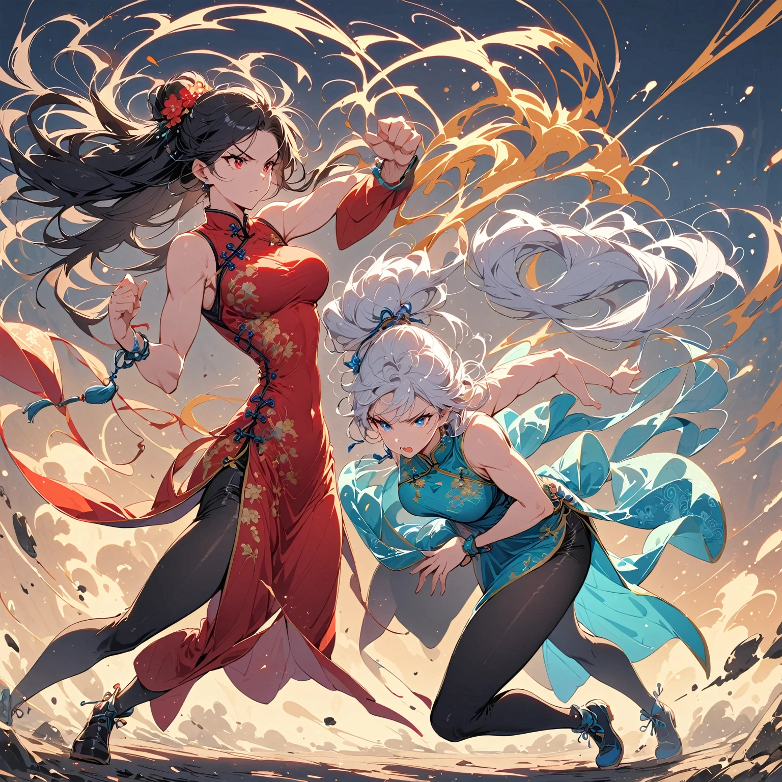 two tall beautiful muscular women fighting, six pack, no men in background ,one with silver hair and red eyes,one with black hair blue eyes, Chinese dress, and leggings, full body portrait