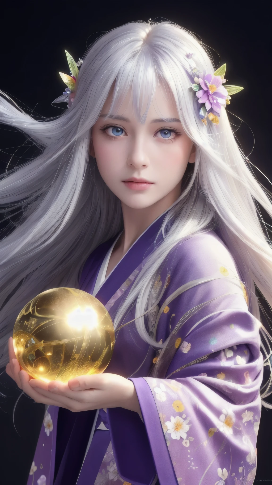 (masterpiece:1.3), (8k, photorealistic, raw photo, highest quality:1.4), (one girl), beautiful face, (realistic face), (long hair), (silver hair, near white hair, shiny hair, beautiful straight hair), (even bangs), (Sharp bangs), straight hairstyle, realistic eyes, beautiful detailed eyes (purple eyes), (sharp eyes), (realistic skin), beautiful skin, (kimono), (magician's kimono), (flower hair ornament), attractive, ultra high resolution, ultra realistic, highly detailed, golden ratio, colorful background, (flowers blooming), (energy dancing background), magician, facing forward, looking straight ahead, Facing forward, facing towards you, holding crystal ball, (heart crystal ball, love crystal ball).Anatomically correct, Highest quality, accurate, High resolution, Facing forward, 