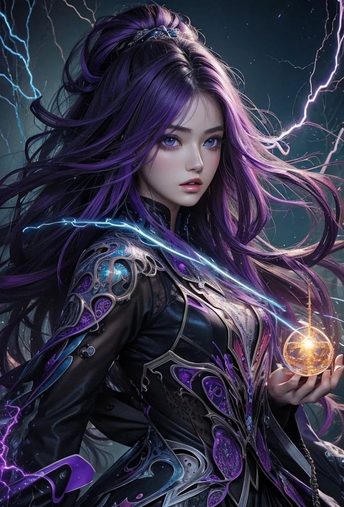 (masterpiece, Highest quality, Highest quality, Official Art, beautifully、aesthetic:1.2), (One girl), extreme detailed,(Abstract, Fractal Art:1.3),Colorful Hair,Purple Mesh、highest detailed, detailed_eye, thunder、Lightning, Light_particle,electricity、Wizard