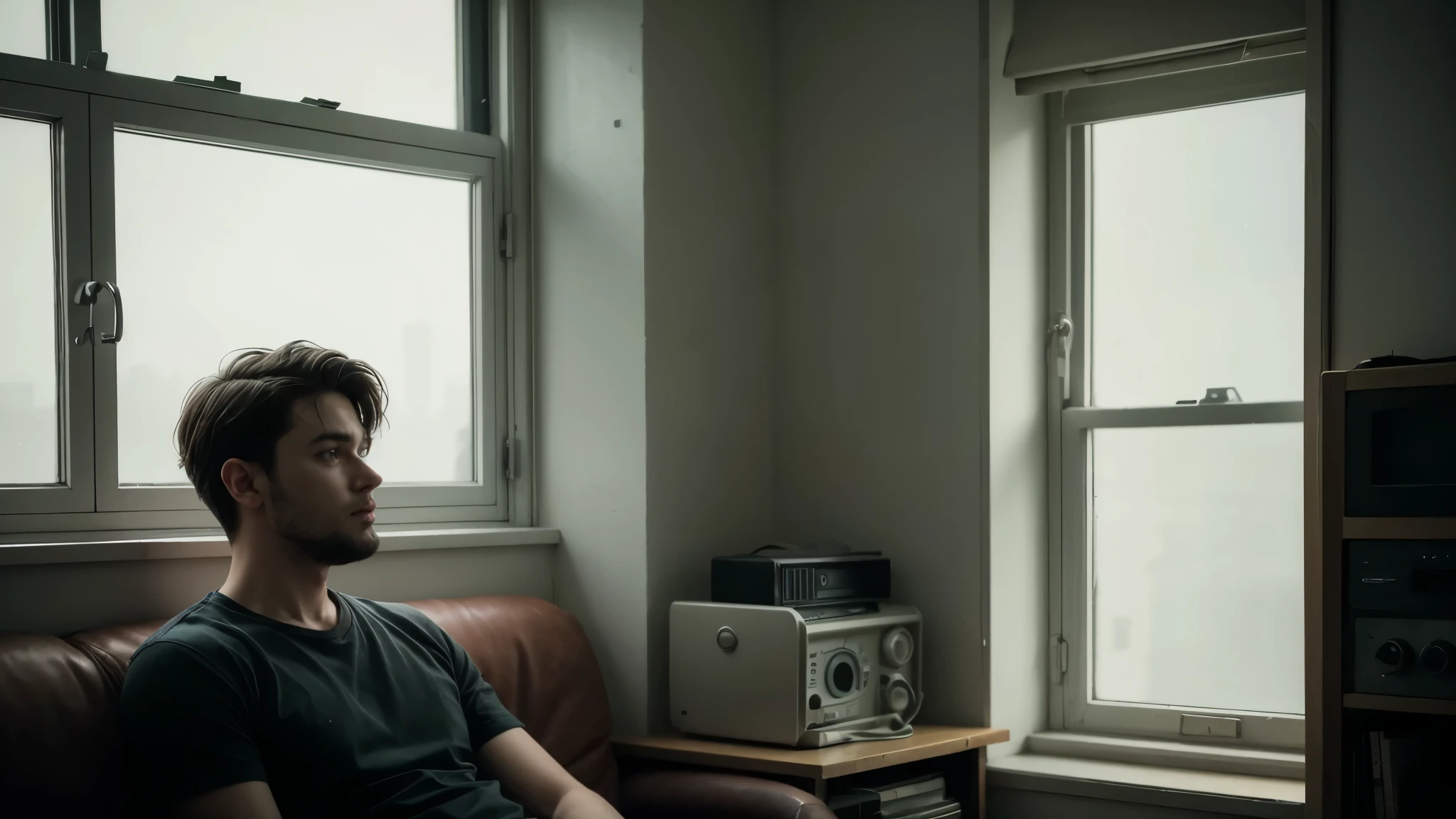 sharpened man sitting in front of a window with a radio, lofi portoRait at a window, animated film still, Lofi Stylestyle, animated film still, cartoon moody scene, Lofi Style, lo-fi illustration style, still excited, still from animated horror movie, lofi hip hop, lo-fi art, cartoon still, lofi portoRait