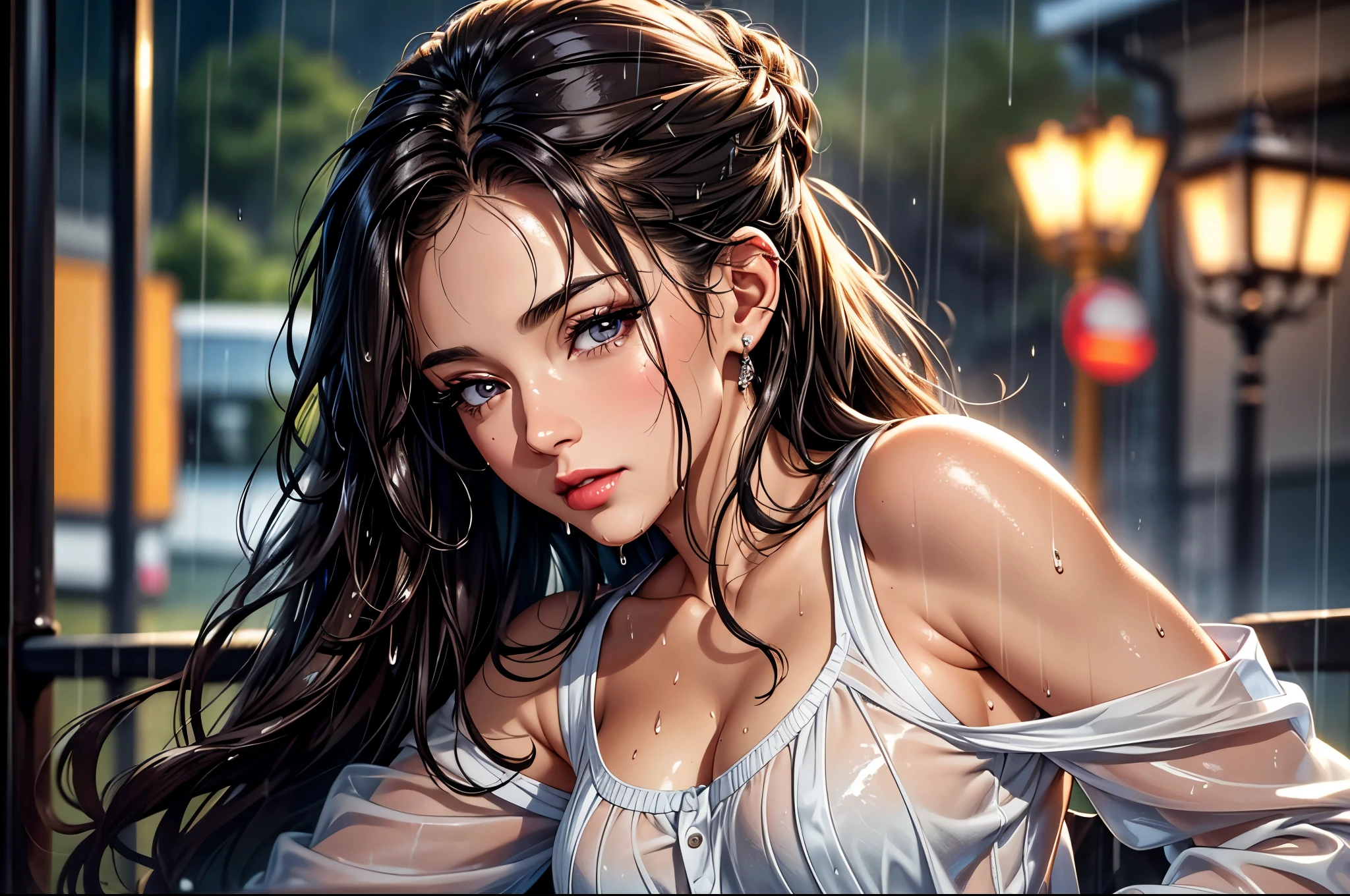 (best quality, 8K, masterpiece:1.3), pretty Woman, 1 girl, beautiful face, (Sexy), Dark brown hair, Half updo Half up half down, (wet from rain, wet by rain, wet :1.2), White vest, Ultra-detailed face, Detailed lips, super detailed eyes, double eyelids, long upper eyelashes, Soft skin, HD skin, 8k, Super detailed, best quality detail, retina, Ultra-high resolution, masterpiece, ccurate
