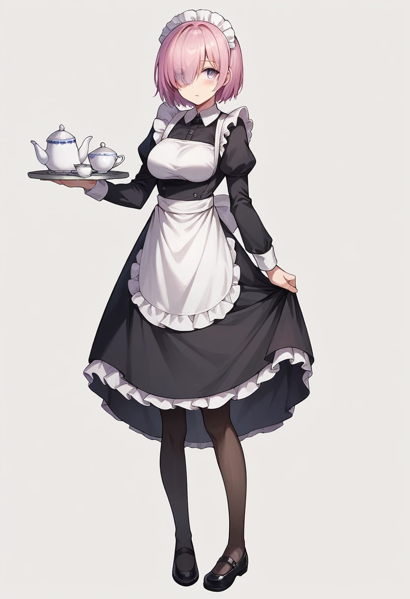 mash kyrielight, 1girl, solo, breasts, looking at viewer, short hair, bangs, simple background, long sleeves, white background, dress, holding, standing, purple eyes, full body, pink hair, pantyhose, frills, shoes, alternate costume, puffy sleeves, black footwear, hair over one eye, apron, black dress, cup, black pantyhose, maid, maid headdress, juliet sleeves, white apron, light purple hair, maid apron, tray, teacup, frilled apron, enmaided, skirt hold, teapot, holding tray