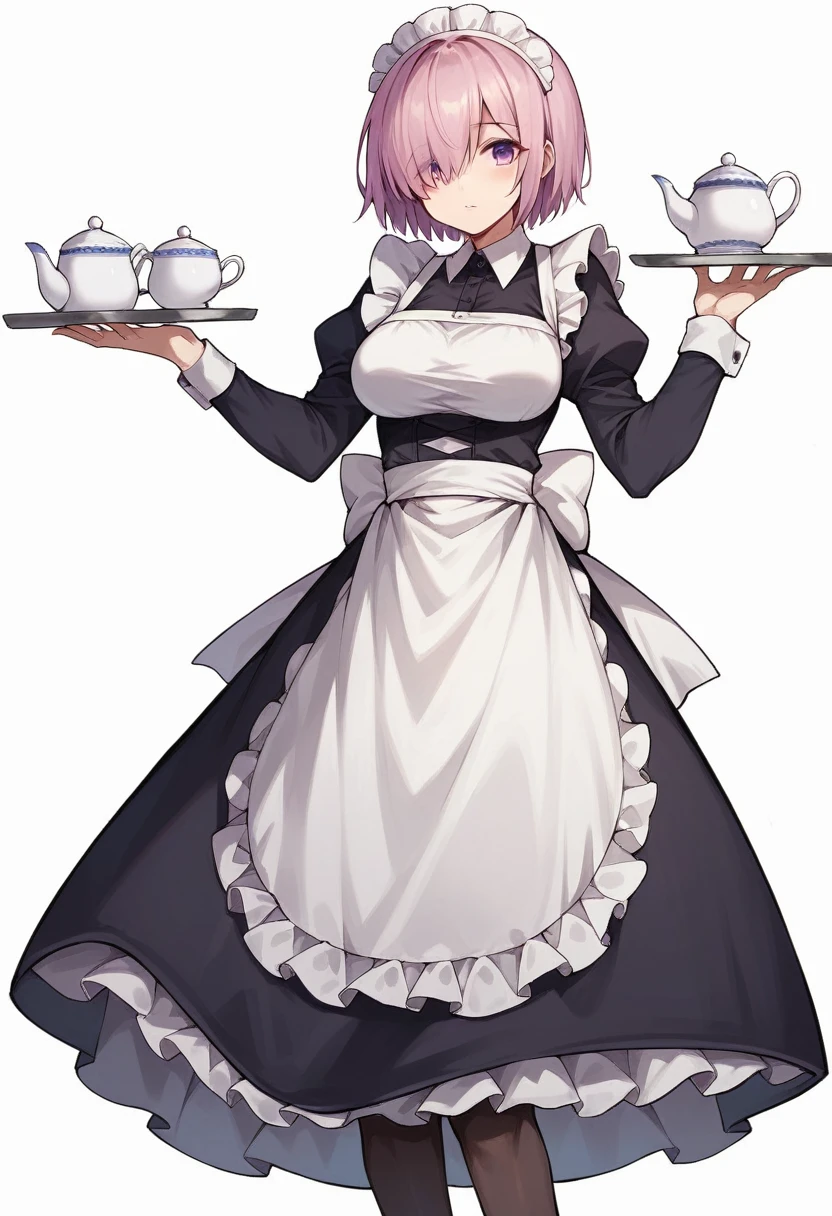 mash kyrielight, 1girl, solo, breasts, looking at viewer, short hair, bangs, simple background, long sleeves, white background, dress, holding, standing, purple eyes, full body, pink hair, pantyhose, frills, shoes, alternate costume, puffy sleeves, black footwear, hair over one eye, apron, black dress, cup, black pantyhose, maid, maid headdress, juliet sleeves, white apron, light purple hair, maid apron, tray, teacup, frilled apron, enmaided, skirt hold, teapot, holding tray