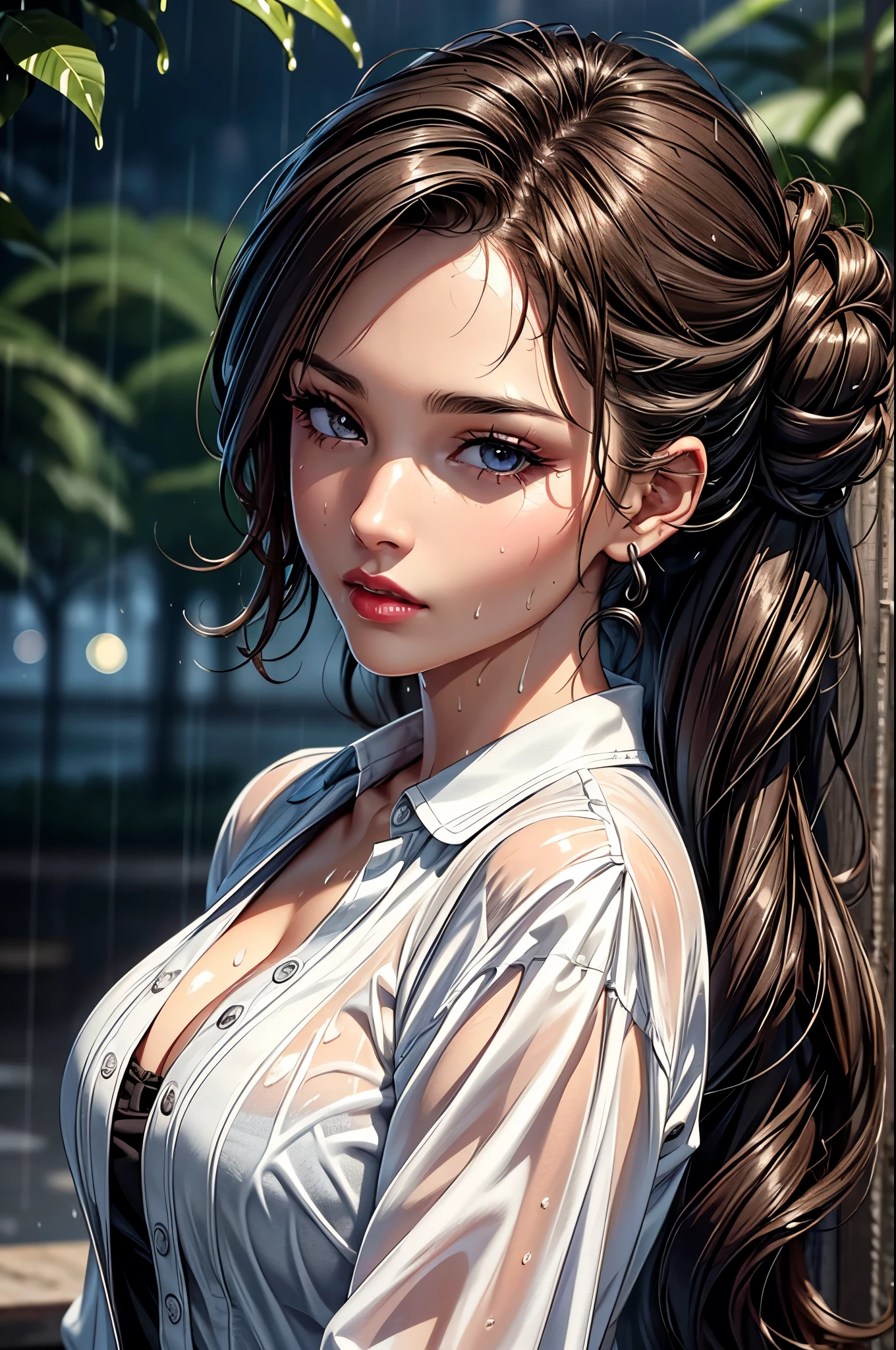 (best quality, 8K, masterpiece:1.3), pretty Woman, 1 girl, beautiful face, (Sexy), Dark brown hair, Half updo Half up half down, (wet from rain, wet by rain, wet :1.2), White vest, Ultra-detailed face, Detailed lips, super detailed eyes, double eyelids, long upper eyelashes, Soft skin, HD skin, 8k, Super detailed, best quality detail, retina, Ultra-high resolution, masterpiece, ccurate