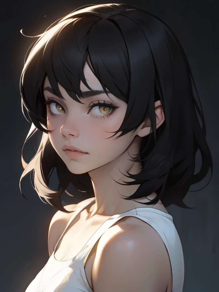 slender girl thick muscular girl black hair yellow eyes pale skin sad girl sad