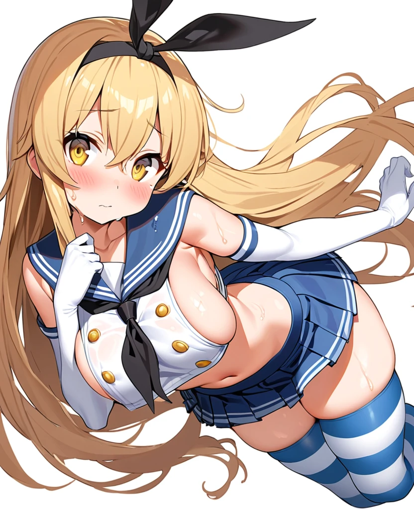 rensouhou-chan, shimakaze (kancolle), 1girl, solo, long hair, breasts, looking at viewer, blush, skirt, blonde hair, large breasts, simple background, hair ornament, thighhighs, gloves, white background, navel, hair between eyes, closed mouth, underwear, , collarbone, yellow eyes, pleated skirt, hairband, serafuku, sleeveless, elbow gloves, striped, white gloves, miniskirt, sailor collar, blue skirt, crop top, wet, neckerchief, sideboob, skindentation, highleg, black hairband, blue sailor collar, striped thighhighs, alternate breast size, microskirt, black neckerchief, anchor hair ornament