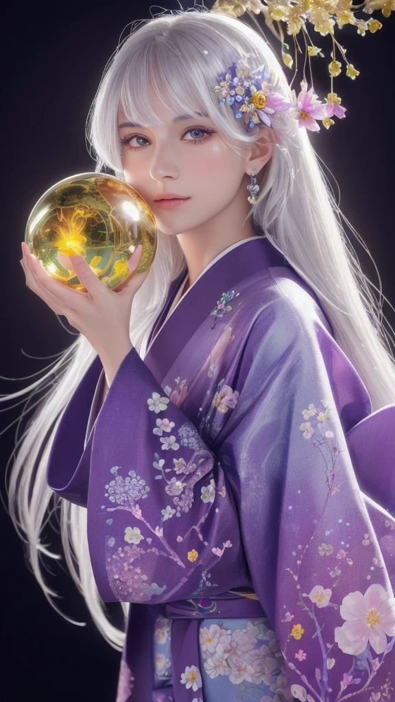 (masterpiece:1.3), (8k, photorealistic, raw photo, highest quality:1.4), (one girl), beautiful face, (realistic face), (long hair), (silver hair, near white hair, shiny hair, beautiful straight hair), (even bangs), (Sharp bangs), straight hairstyle, realistic eyes, beautiful detailed eyes (purple eyes), (sharp eyes), (realistic skin), beautiful skin, (kimono), (magician's kimono), (flower hair ornament), attractive, ultra high resolution, ultra realistic, highly detailed, golden ratio, colorful background, (flowers blooming), (energy dancing background), magician, facing forward, looking straight ahead, Facing forward, facing towards you, holding crystal ball, (heart crystal ball, love crystal ball).Anatomically correct, Highest quality, accurate, High resolution, Facing forward, 