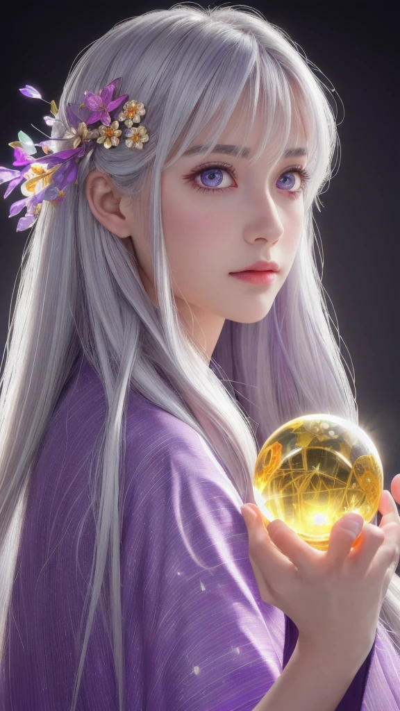 (masterpiece:1.3), (8k, photorealistic, raw photo, highest quality:1.4), (one girl), beautiful face, (realistic face), (long hair), (silver hair, near white hair, shiny hair, beautiful straight hair), (even bangs), (sharp bangs), straight hairstyle, realistic eyes, beautiful detailed eyes (purple eyes), (sharp eyes), (realistic skin), beautiful skin, (kimono), (magician's kimono), (flower hair ornament), attractive, ultra high resolution, ultra realistic, highly detailed, golden ratio, colorful background, (flowers blooming), (energy dancing background), magician, facing forward, facing from shoulders, looking straight ahead, both shoulders facing towards you, holding crystal ball, (heart crystal ball, love crystal ball).