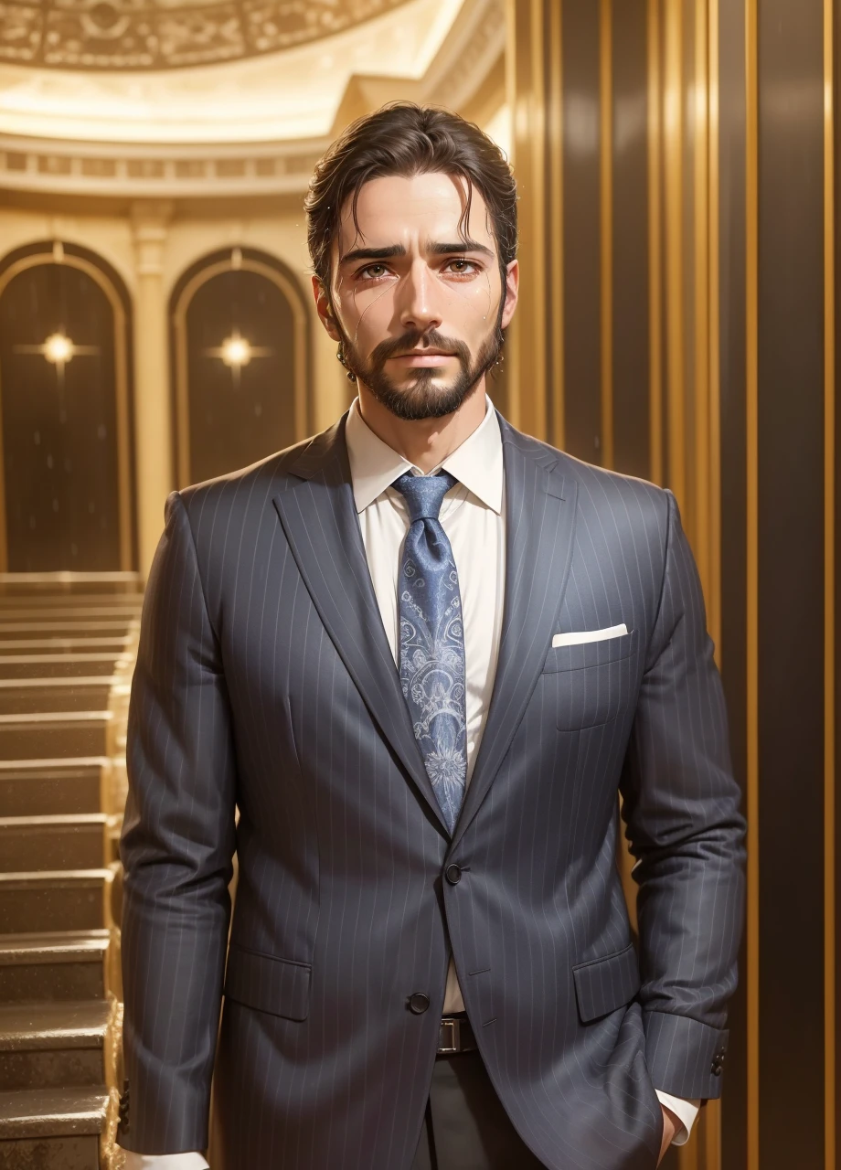 A hyper-realistic portrait of Jesus of Nazareth in stunning 8k resolution, man, con un manto que cubre su cabeza. Rain falls gently around Him, as tears welling up in her eyes, colmados de amor por sus hijos y divinidad, reflecting his immense love for humanity and his devotion to his Father God. The background is adorned with the dancing lights of the Northern Lights and luminous stars.. photographic style, lente de retrato de alta calidad, --ar 16:9 --v 5, Conveys a deep spiritual connection, bondad, amor puro y divinidad.