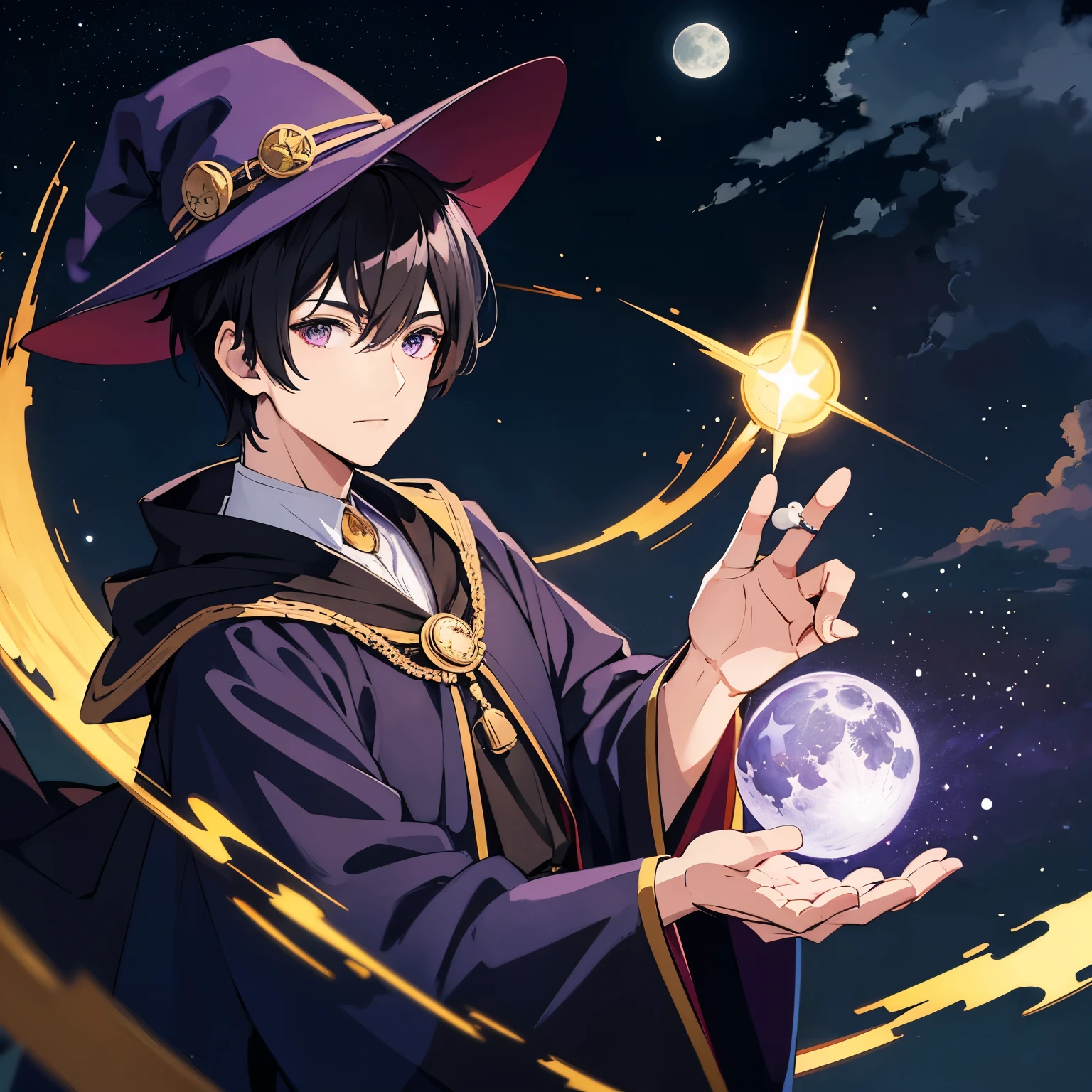 masterpiece, Highest quality, High resolution，Anime Style、black Hair with purple highlights、Short Hair、male、Wizard、Wizard robe with moon symbols, magic hat with moon ornaments, night sky background、Upper body only, looking forward, manly 