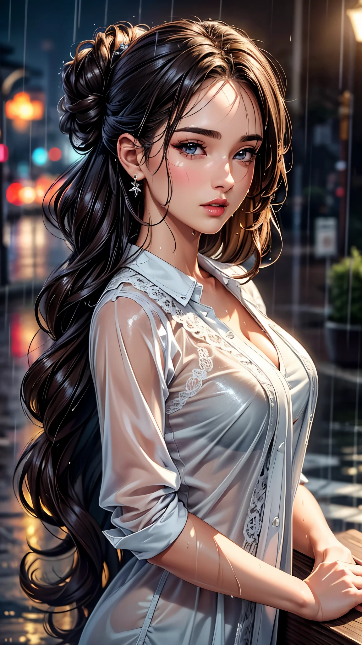 ((Best Quality, 8k, Masterpiece:1.3)), Focus:1.2, Perfect Body Beauty:1.4, Buttocks:1.2, ((Layered Haircut, Breasts:1.2)), (Wet Clothes:1.1) , (Rain, Street:1.3), Bandeau Dress: 1.1, Highly Detailed Face and Skin Texture, Fine Eyes, Double Eyelids, Whitened Skin, Long Hair, (Shut Up: 1.3)