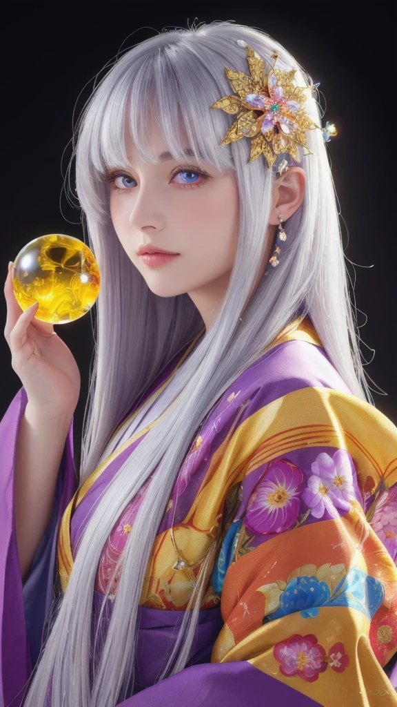 (masterpiece:1.3), (8k, photorealistic, raw photo, highest quality:1.4), (one girl), beautiful face, (realistic face), (long hair), (silver hair, near white hair, shiny hair, beautiful straight hair), (even bangs), (Sharp bangs), straight hairstyle, realistic eyes, beautiful detailed eyes (purple eyes), (sharp eyes), (realistic skin), beautiful skin, (kimono), (magician's kimono), (flower hair ornament), attractive, ultra high resolution, ultra realistic, highly detailed, golden ratio, colorful background, (flowers blooming), (energy dancing background), magician, facing forward, looking straight ahead, Facing forward, facing towards you, holding crystal ball, (heart crystal ball, love crystal ball).Anatomically correct, Highest quality, accurate, High resolution, Facing forward,