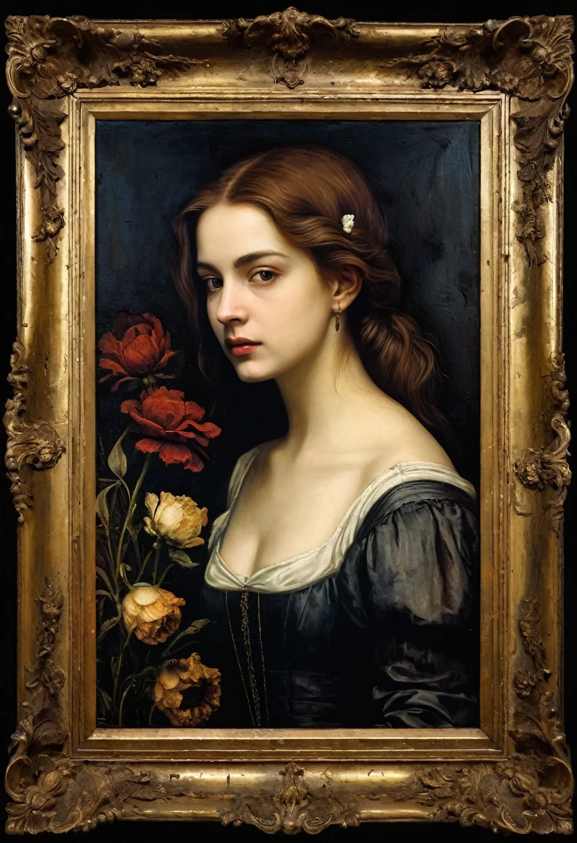 portrait, frame, old picture, horror tone, dark senss dead flowers in background, oil paint, antique period, the image was painted by a Renaissance artist, the painting must have signs of use and must be aged, a painting of a woman in a classical castle}